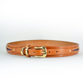 Calgary Leather Belt in Tan with Brass buckle and two brass loops and tartan eye shaped inserts into leather overlay